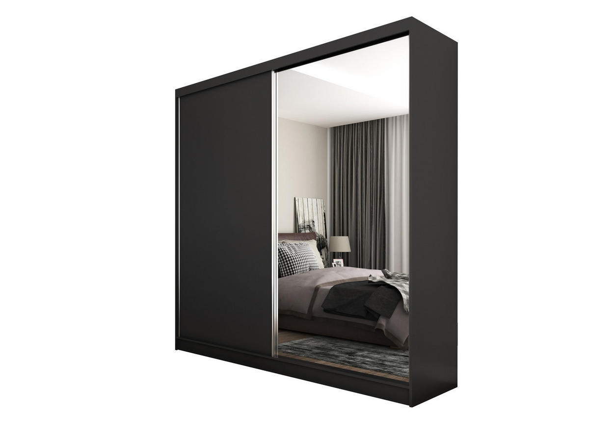 SCHWEBETÜRENSCHRANK PATRIZIA 200/216/61 cm 2-türig mit Spiegel Schwarz - Schwarz, Holzwerkstoff (200/216/61cm) - MASSENO