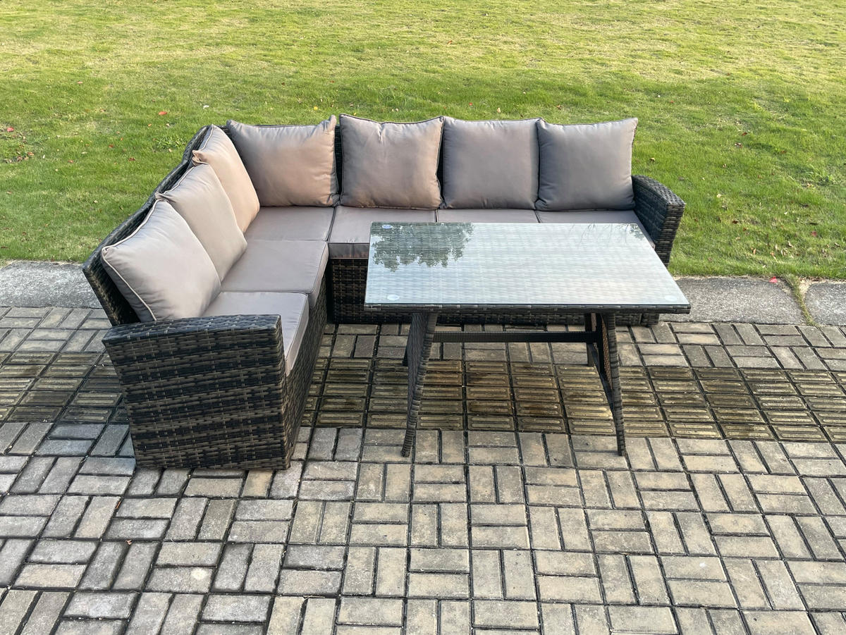 GARTENLOUNGE mit Ecksofa Polyrattan Dunkelgrau 6-Sitzer - Dunkelgrau/Grau, Glas/Kunststoff - Fimous