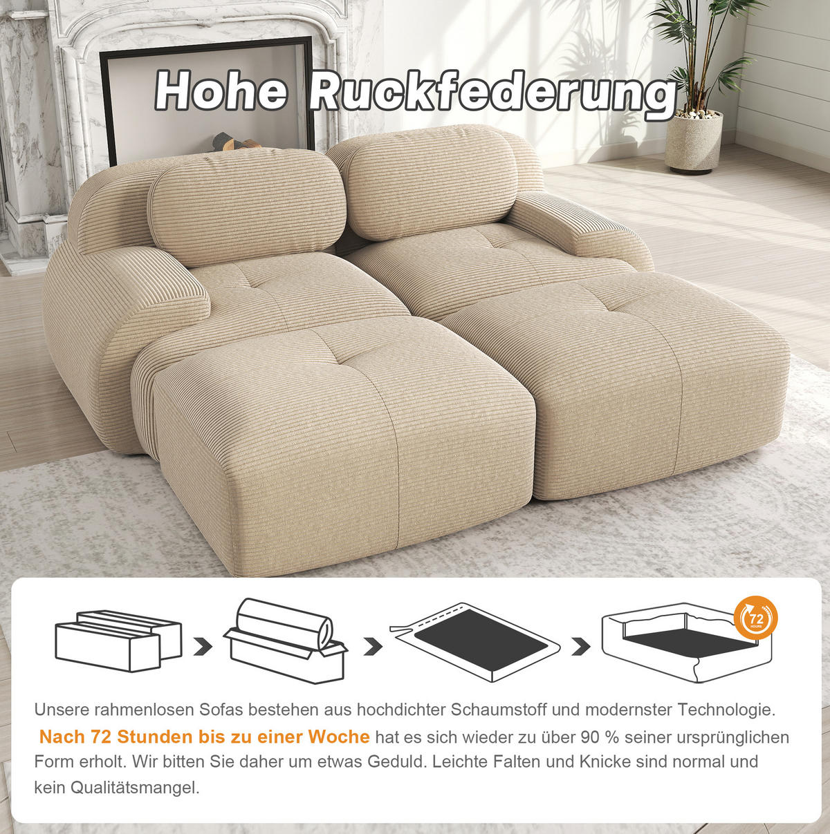 SOFA 208/178/70 cm in Beige aus Cord mit modularer Form und rutschfester Unterseite - Beige, Textil (178/70/208cm) - Flora Grace