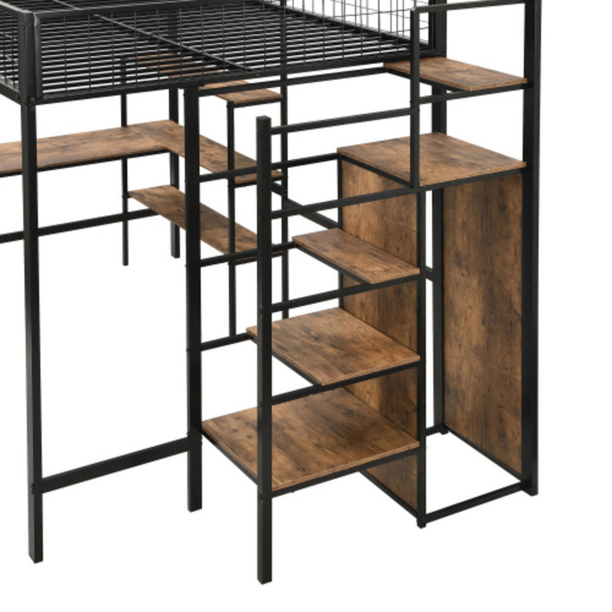 HOCHBETT 140 × 200 cm aus Metall und MDF mit Schreibtisch, Regalen und Kleiderschrank, schwarz - Schwarz, Holzwerkstoff - Luhomfu