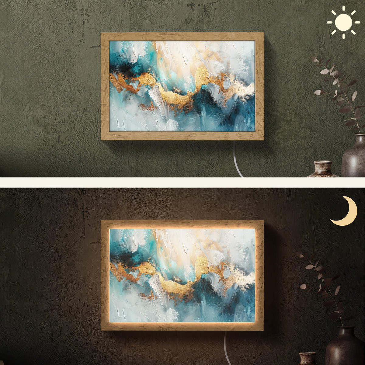NÁSTĚNNÁ LAMPA Abstraktní - umění - zlatá - modrá 30x20 cm - tyrkysová, kompozitní dřevo (30/20/8cm) - OnlyWow