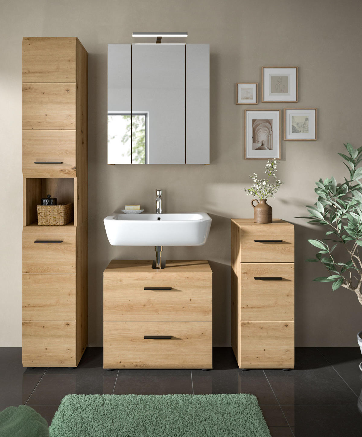 WASCHBECKENUNTERSCHRANK Eiche Artisan, Bad Unterschrank mit Vollauszug Schubkästen, Breite 60 cm - Schwarz/Eiche Artisan, Holzwerkstoff/Kunststoff (60/54/30cm) - Inn.Furn