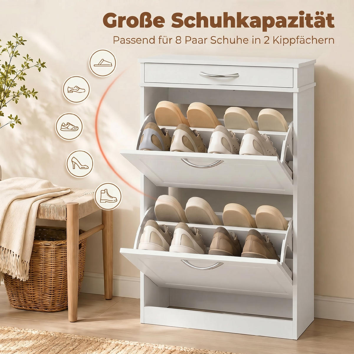 SCHUHSCHRANK MDF Weiß - Weiß/Nickelfarben, Holzwerkstoff/Metall (26.5/89/53cm) - HOMCOM