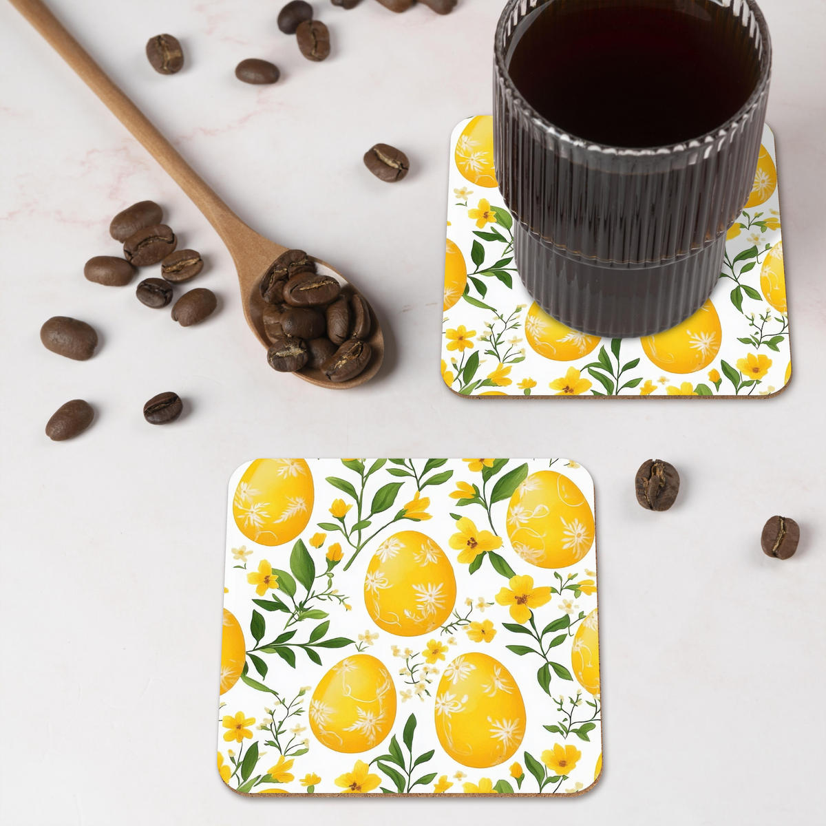 GLASUNTERSETZER 6er-Set Blumen - Ostereier - Gelb 10x10 cm - Gelb, Naturmaterialien (10/0.2cm) - MuchoWow