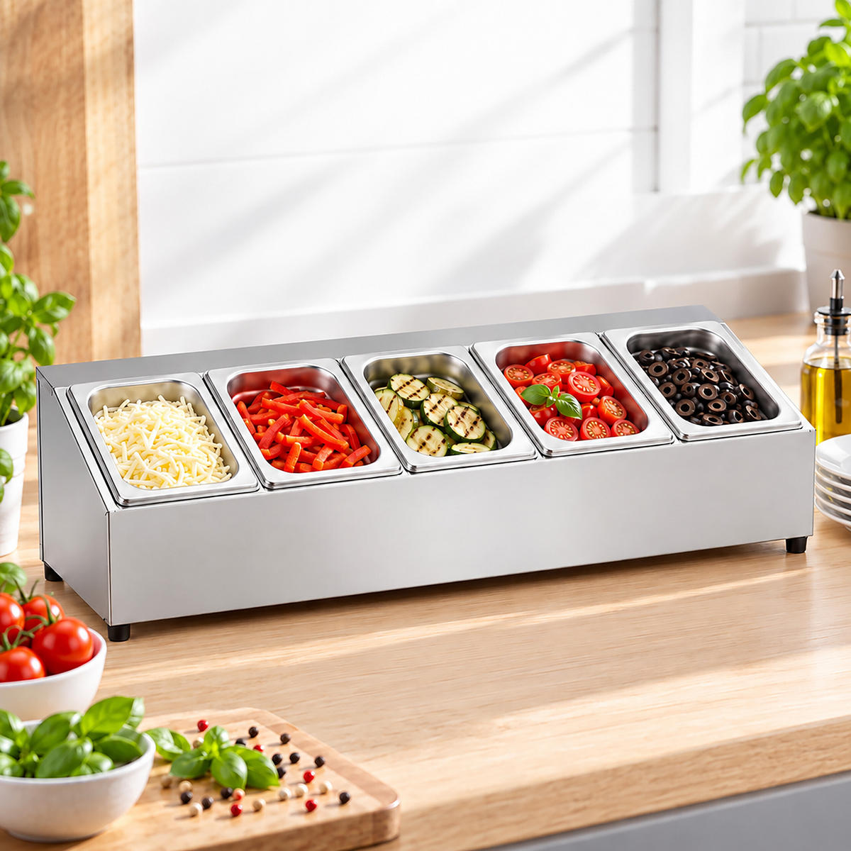 RECIPIENT Argintiu 5-compartimente inox cu capac 86 cm - argintiu, material plastic/metal - Relaxdays