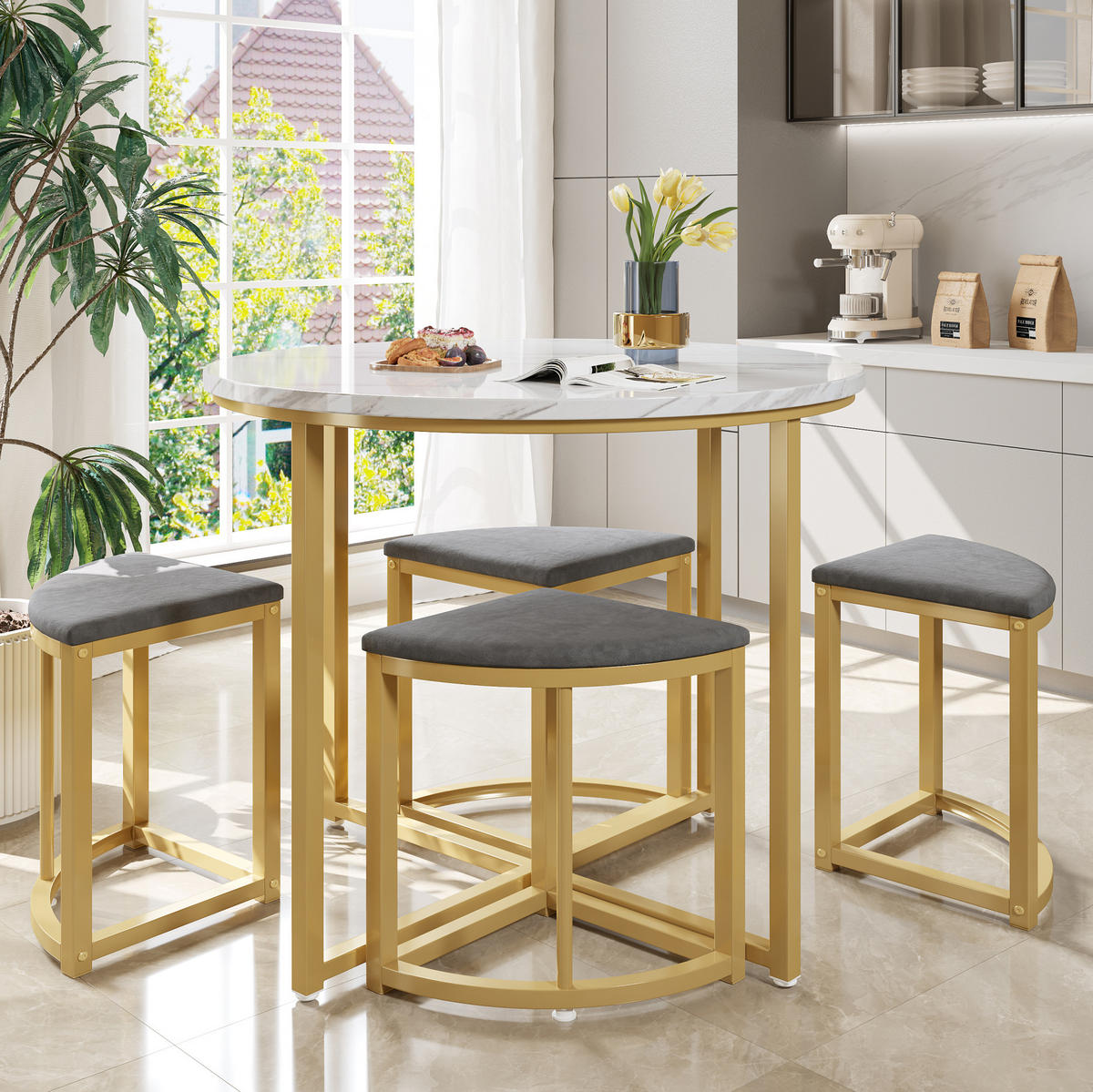 JÍDELNÍ souprava 80 cm bílá z MDF a kovu se 4 židlemi - bílá, kompozitní dřevo (80/75/80cm) - OKWISH