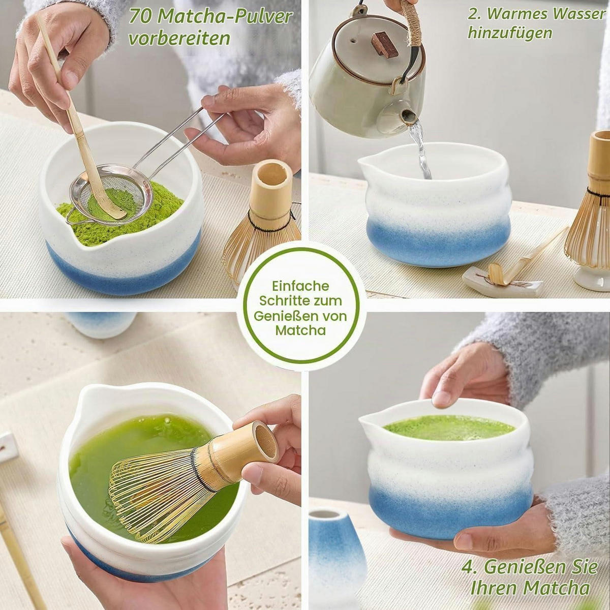 MATCHA Set 5-teiliges Set mit Schale und Bambusbesen (Blue) - Blau, Keramik (18.2/12.7/20.5cm)