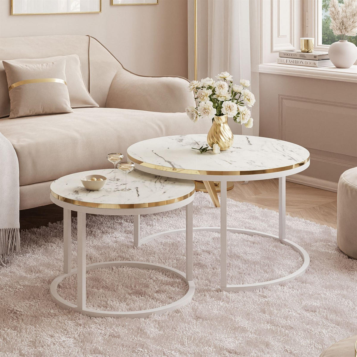 COUCHTISCH Set SOLEIL 2in1, rund, Weiß Marmor-Optik und Weiß Gestell - Weiß, Holzwerkstoff (70/70/48cm) - Lookway