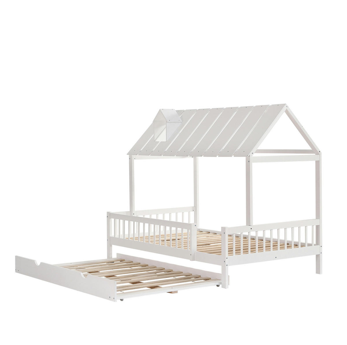 KINDERBETT 120/200 cm mit Rollbett, Dach und 3-seitigem Gitter, Weiß - Weiß, Holzwerkstoff (120/200cm) - Redom