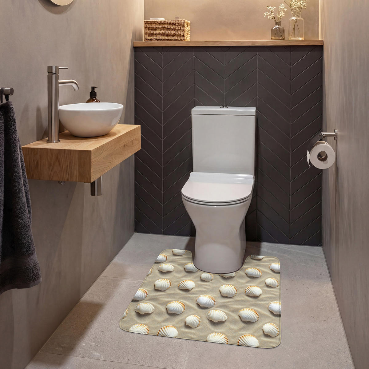 WC PŘEDLOŽKA Mušle - Písek - Námořní 55x60 cm - písková barva, textil/plast (55/1cm) - OnlyWow
