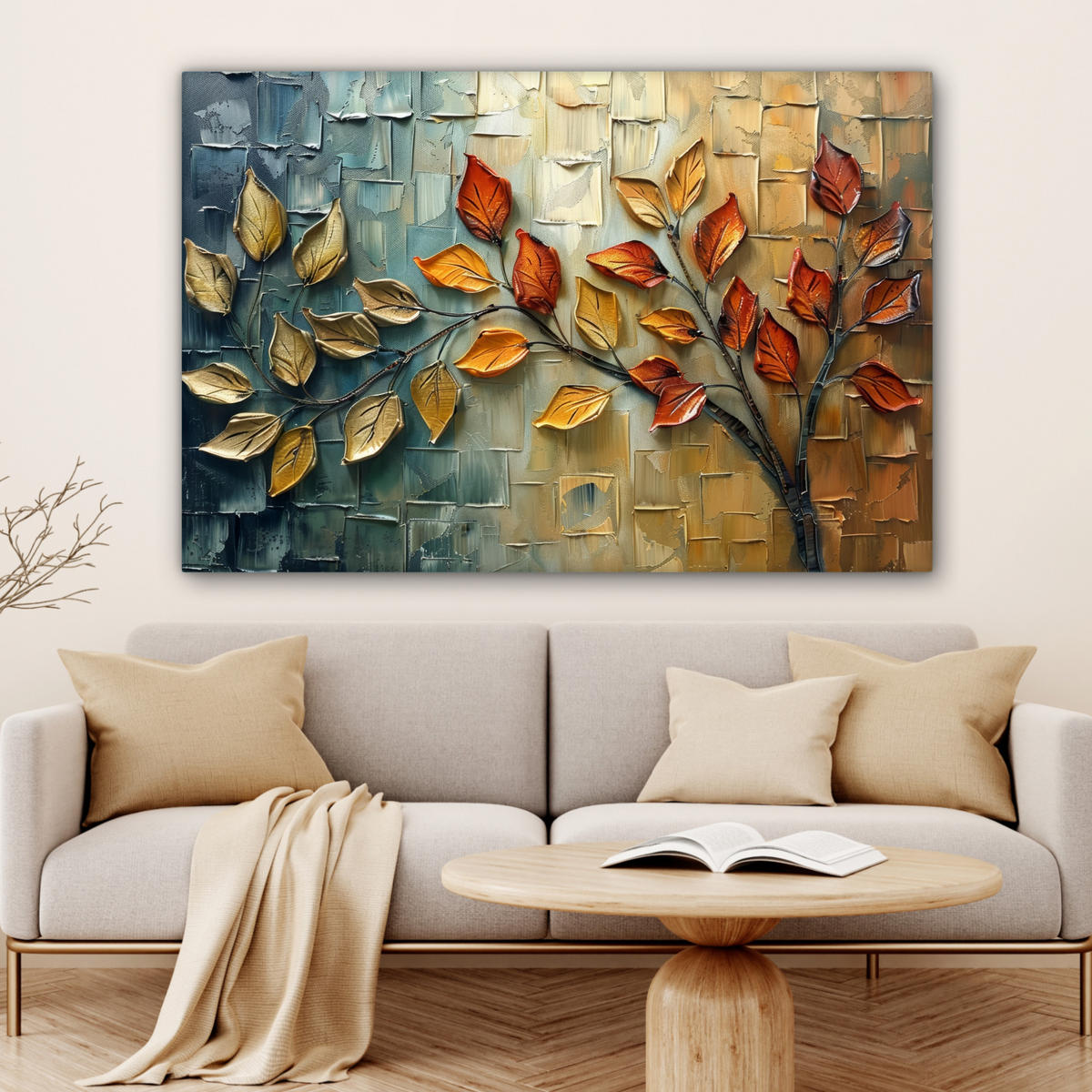 LEINWANDBILD Baum - Abstrakt - Natur - Kunst Wohnzimmer Groß 120x80 cm - Goldfarben, Textil (120/80cm) - MuchoWow