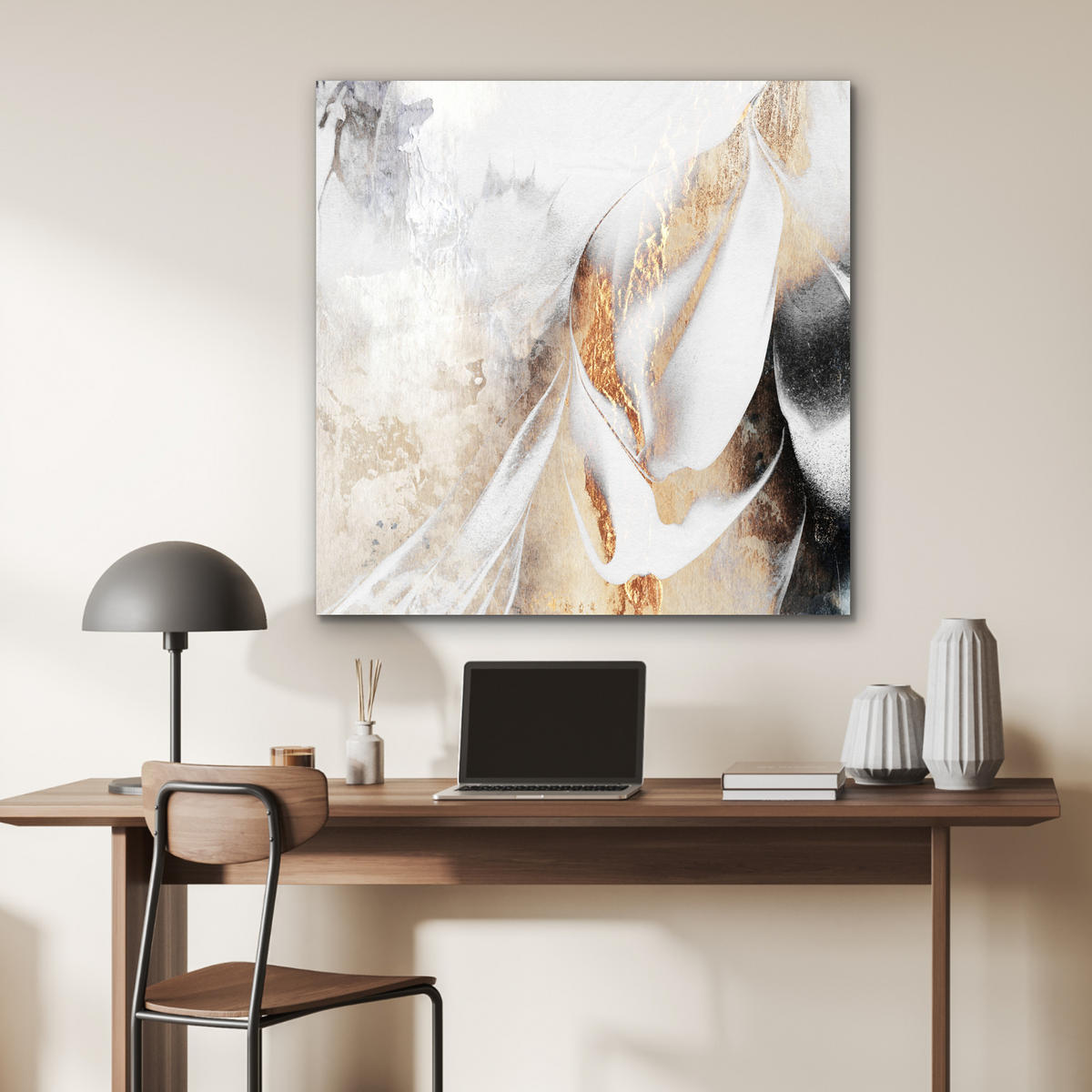 KOVOVÝ OBRAZ Luxusné - abstraktné - zlaté - biele 90x90 cm - zlatá, kov (90/90cm) - MuchoWow