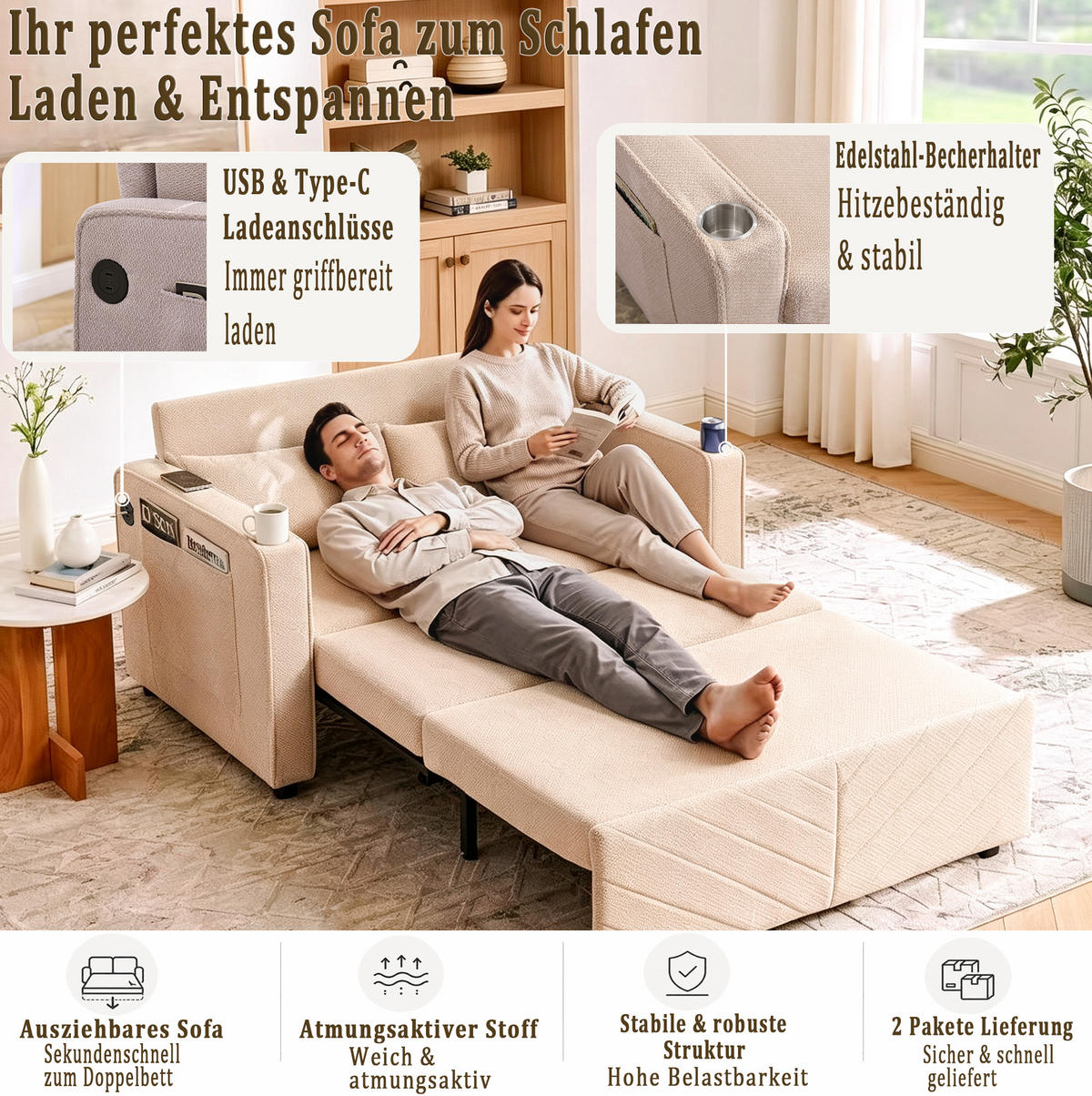 SCHLAFSOFA aus Holz und Stoff mit USB-Anschluss und Ausziehfunktion Beige - Beige, Holz (134/73/195cm) - Modenvie