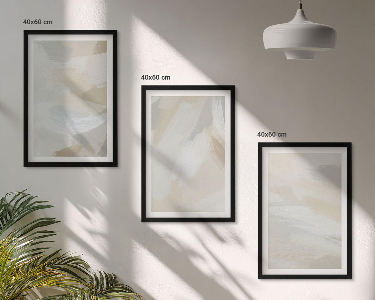 BILDER SET 3er Set - 40x60 cm Schwarzer Rahmen - Abstrakter Pinselhintergrund - Schwarz, Kunststoff (40/60cm) - TULUP