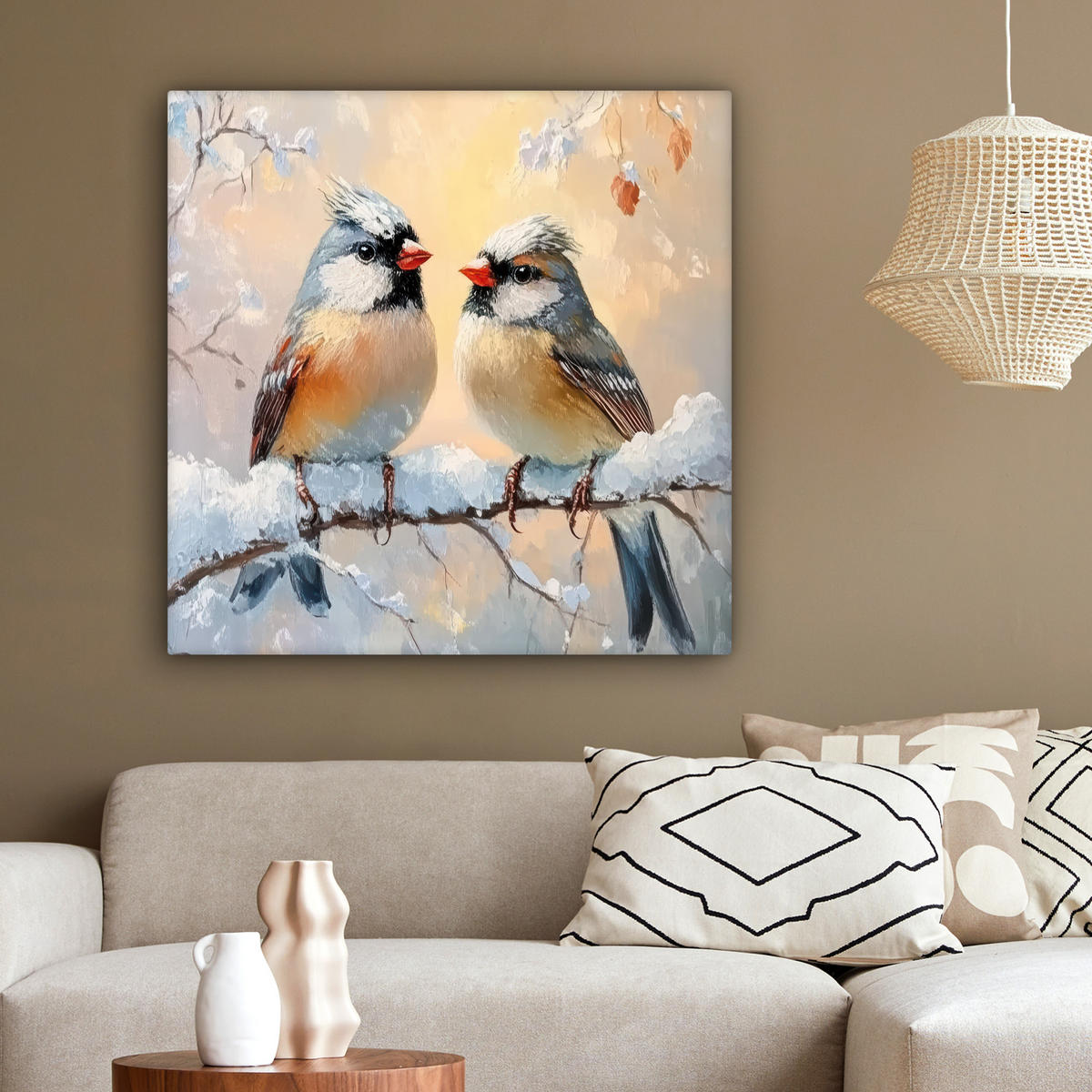 LEINWANDBILD Vögel - Zweig - Winter - Schnee 90x90 cm - Pastellblau, Textil (90/90cm) - MuchoWow