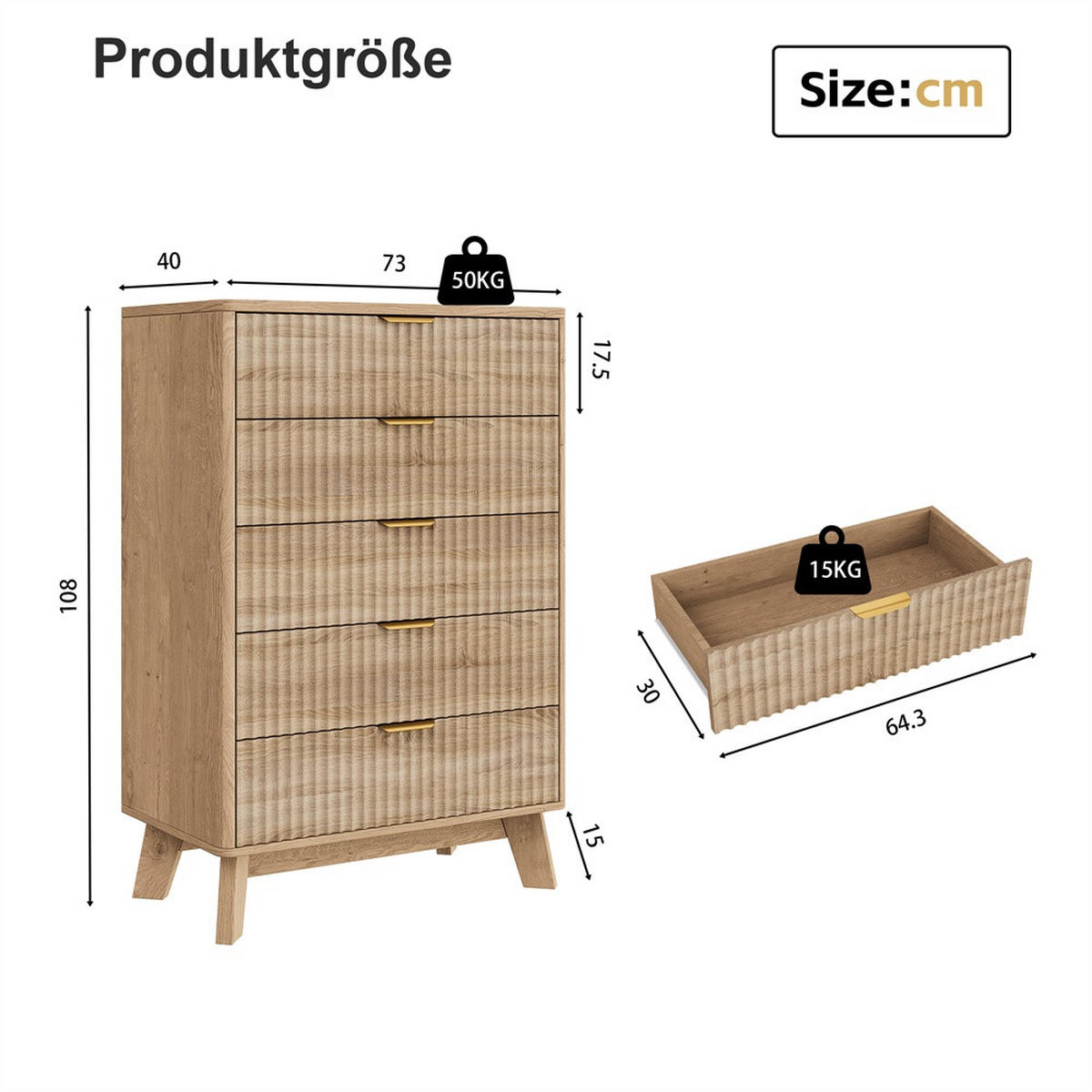 KOMMODE mit 5 Schubladen - geriffelte Fronten und goldene Metallgriffe - Eiche-Optik - Eichefarben, Holzwerkstoff (73/108/40cm) - DELFA