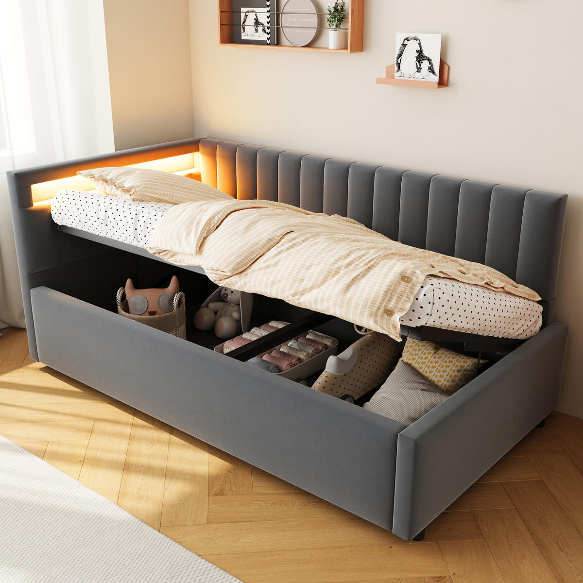 POLSTERBETT 90/200 cm Grau mit Stauraum und LED-Beleuchtung aus Samt - Grau, Textil (90/200cm) - Flora Grace