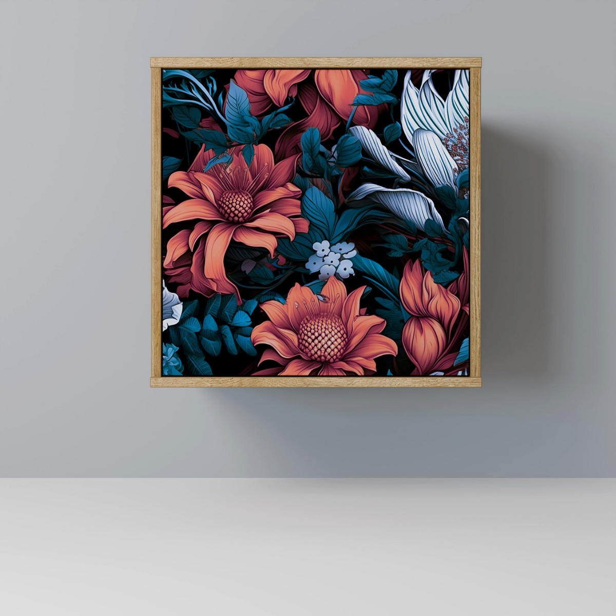 SIDEBOARD ETHEREAL BLOSSOMS, Eichefarben, 57,5x42x67,5 cm, Schwarze Metall-Rahmenfüße - Eichefarben/Multicolor, Holzwerkstoff/Metall (57.5/67.5/42cm) - SpaceRebels