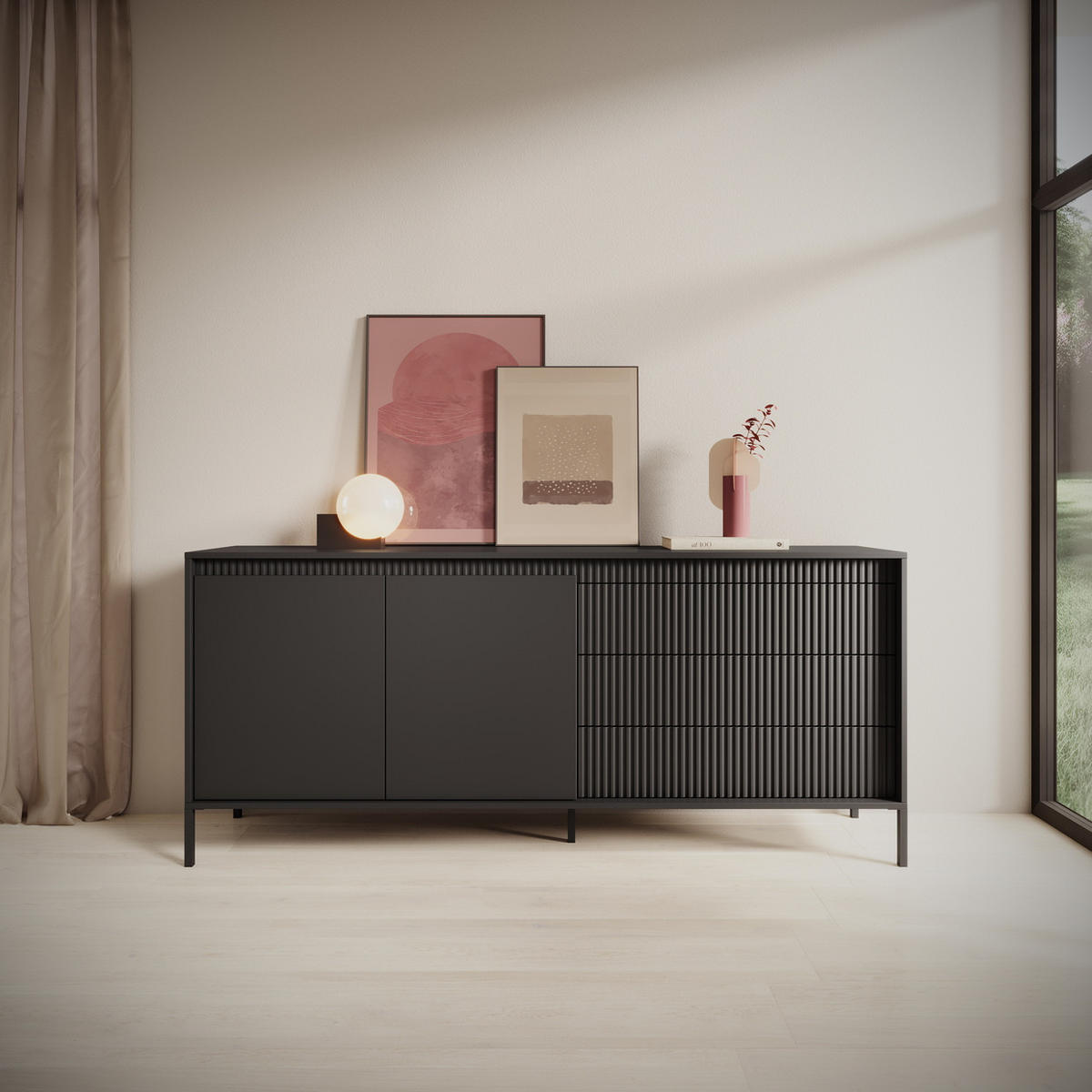 KOMMODE Schwarz mit Schubladen Santori, 187 cm, 2 Türen - Schwarz, Holz (187/81/40cm) - Emporius