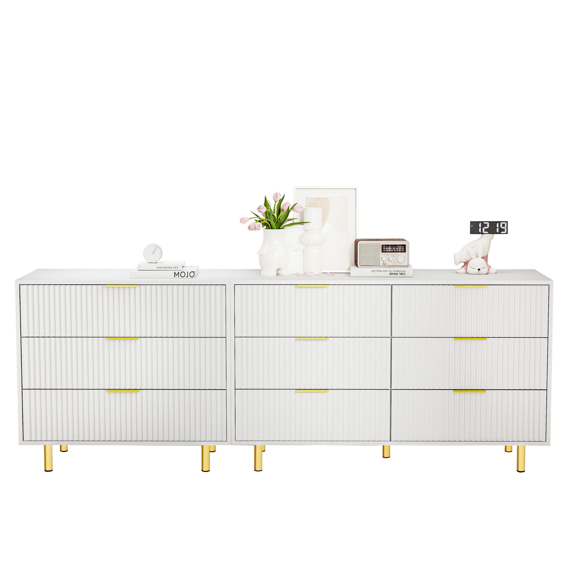SIDEBOARD aus MDF 200x40x72 cm Weiß mit 9 Schubladen, modularer Aufstellung und goldfarbenen Metallbeinen - Weiß, Holzwerkstoff (200/72/40cm) - Modfu