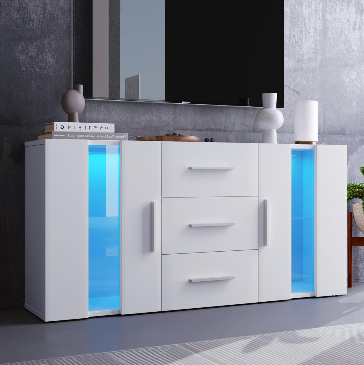 KOMODA z MDF 140x35x70 cm bílá s LED osvětlením, USB napájením a úložným prostorem - bílá, kompozitní dřevo (140/70/35cm) - Modfu