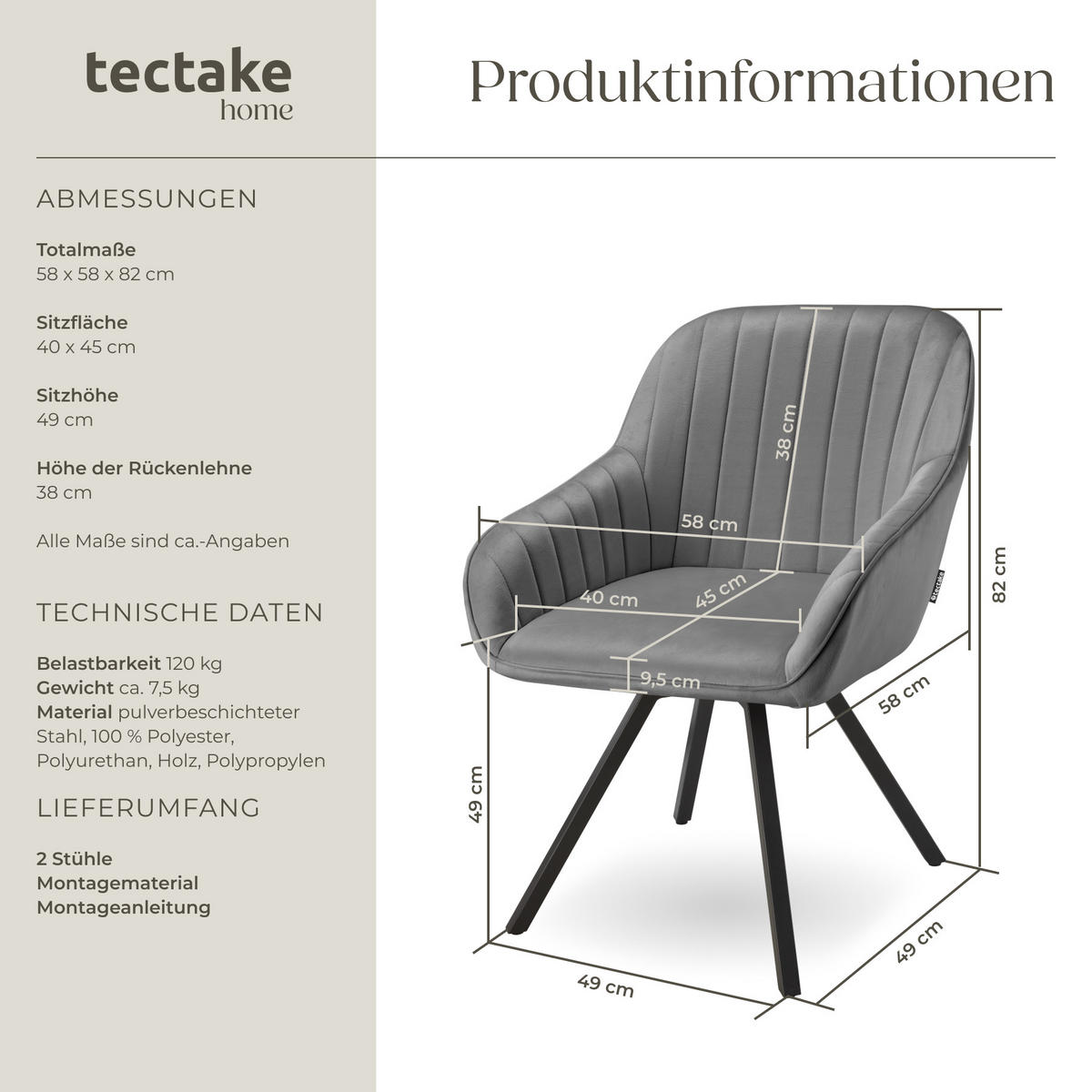 ARMLEHNSTUHL drehbarer 2er Set Snug 58 x 58 x 82 cm grau - Grau, Textil (58/82/58cm) - tectake