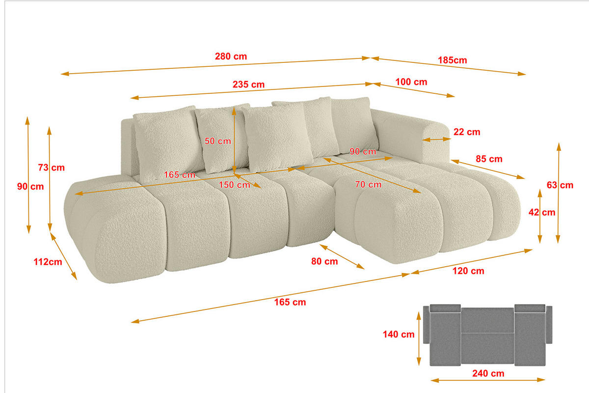 ECKSOFA Ottomane Rechts CLOUD-L-v1 280x185x90 Beige Bouclé - Beige, Holzwerkstoff/Kunststoff (185/280cm) - ALTDECOR