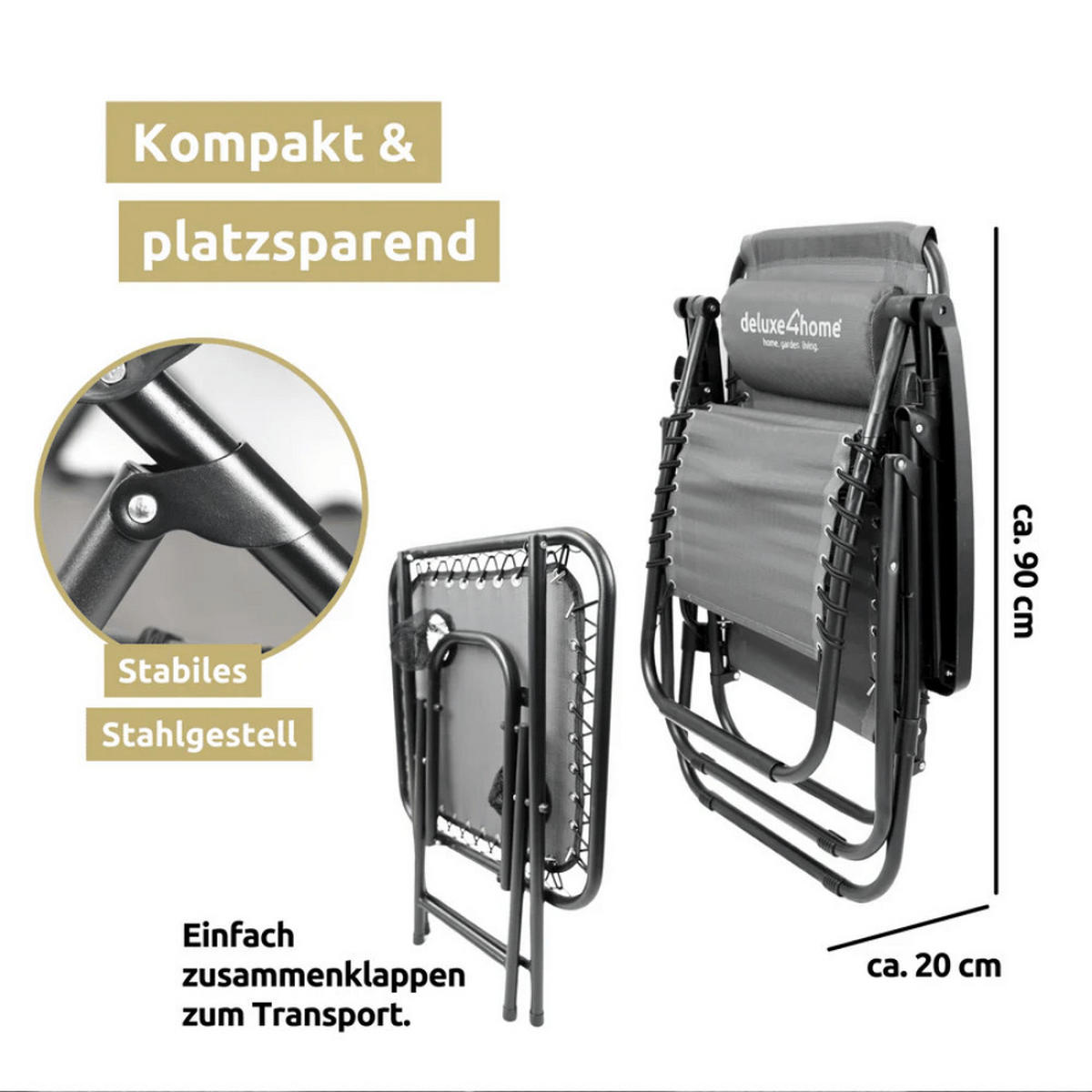 LIEGESTUHL Klappbar 2er Set BRUK mit Klapptisch Anthrazit - Anthrazit, Metall (65/77/86cm) - DELUKE
