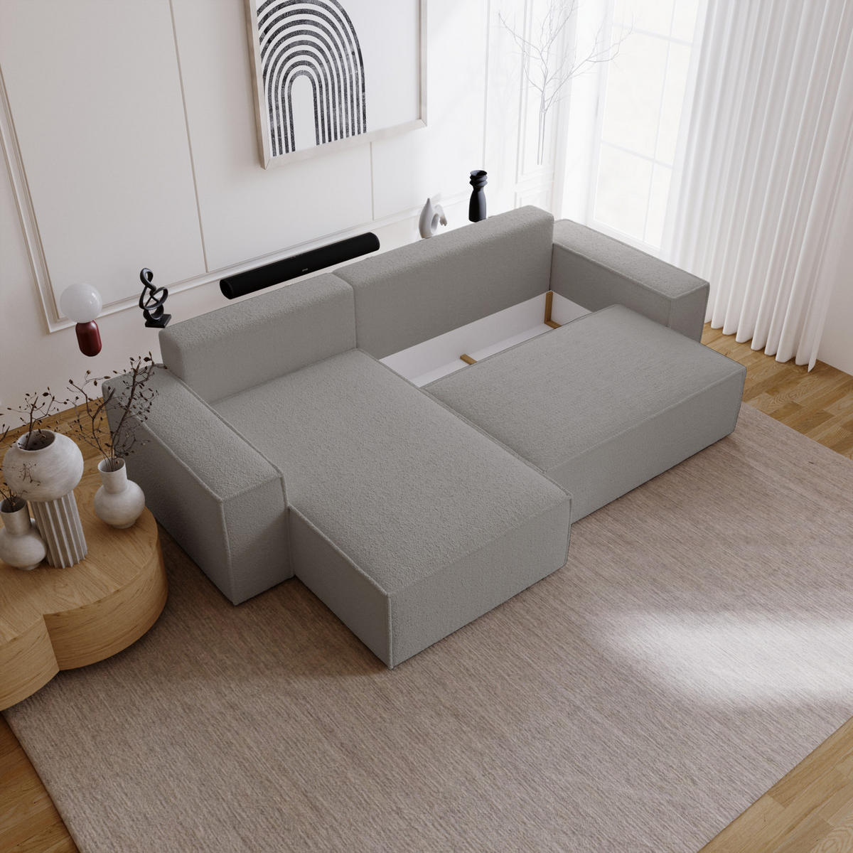 ECKSOFA Bouclé 280 cm Bergamo L mit Bettkasten, Schlaffunktion, Links - Hellgrau - Hellgrau, Holz (277/189cm) - Emporius