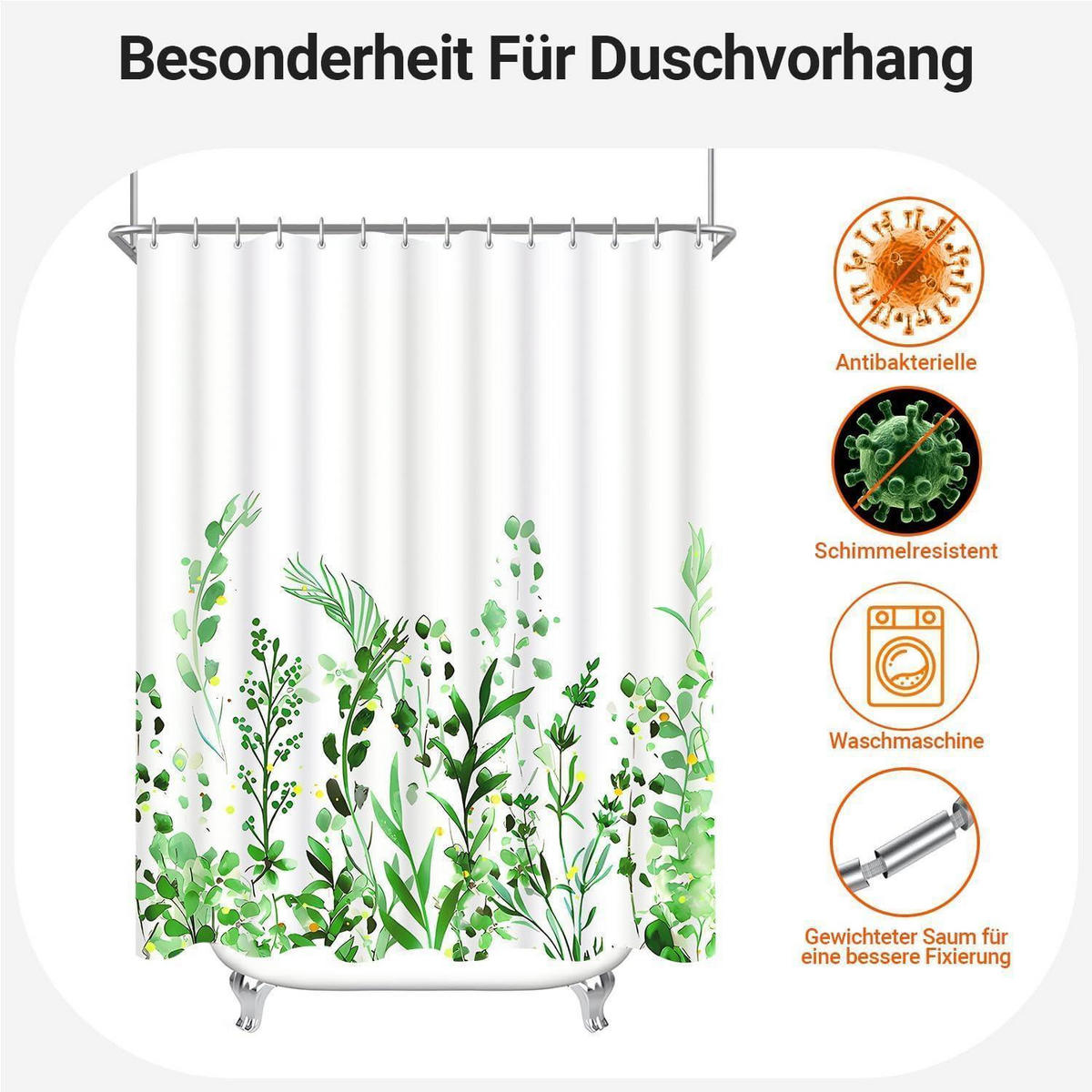 DUSCHVORHANG 180 x 180 cm Textil mit Blumenmotiv und Haken - Grün, Textil (180/180cm)