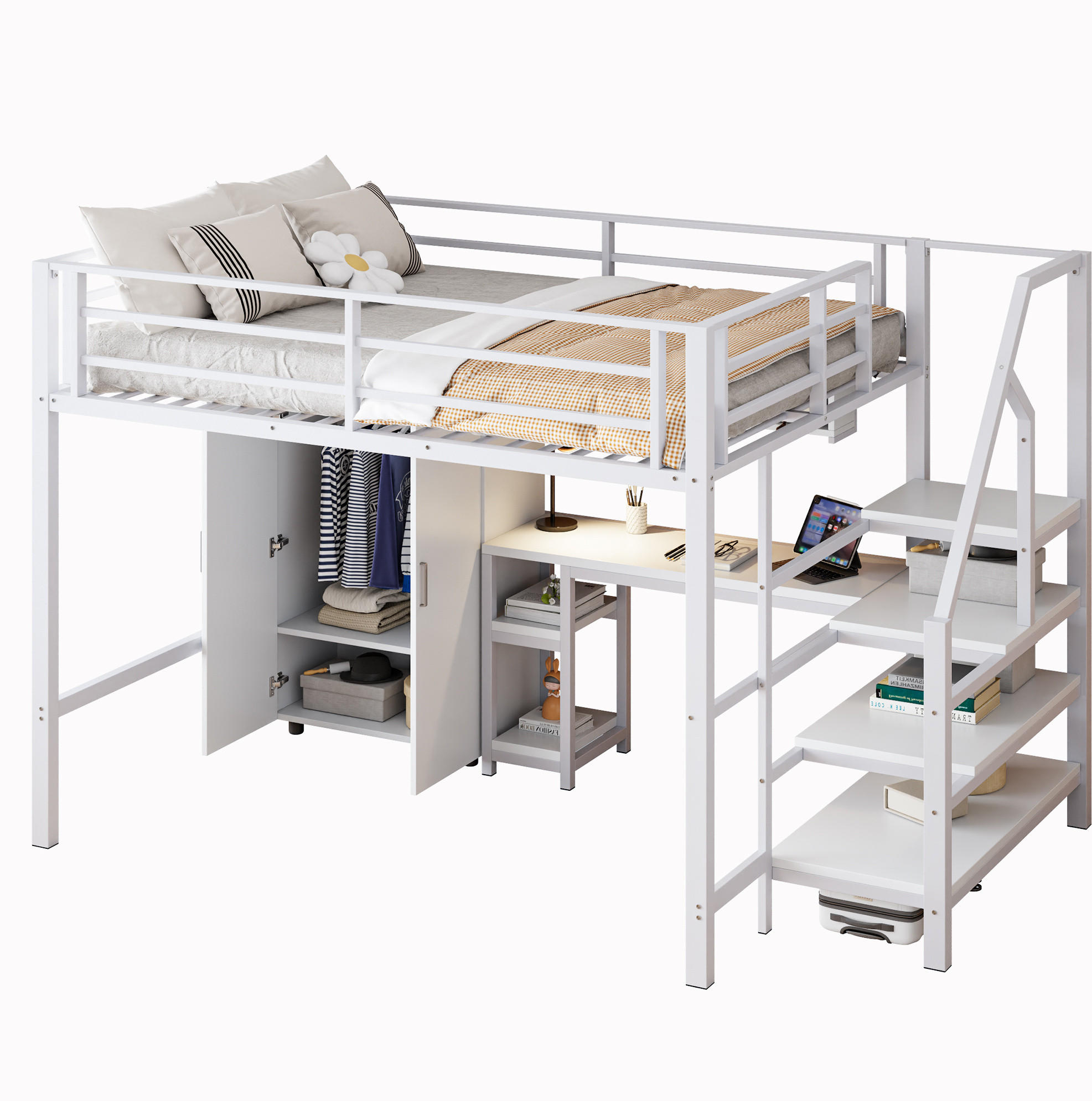 HOCHBETT 140/200 cm mit Kleiderschrank, Regalen, Ablageleiter, Schreibtisch und Metallrahmen, Weiß - Weiß, Metall (140/200cm) - Redom