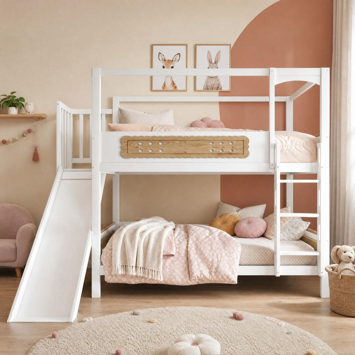 ETAGENBETT 90/200 mit Rutsche, Sicherheitsleiter und Schutzgittern in Holzfarbe - Naturfarben, Holz (90/200cm) - EVRYAE