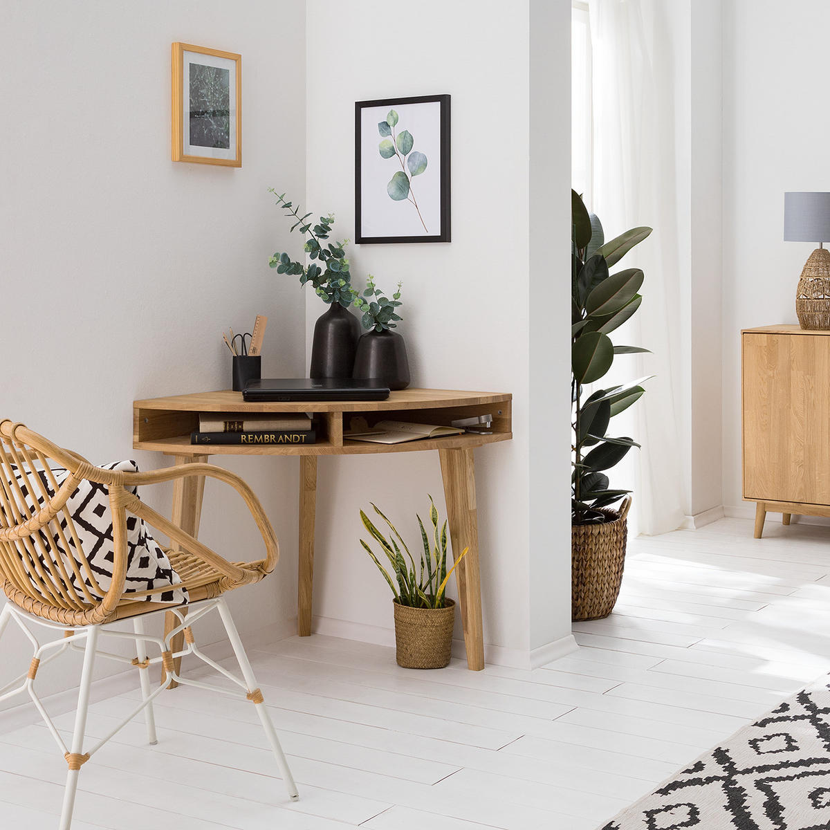 ECKSCHREIBTISCH - Eiche massiv - Eichefarben, Holz (75/75/76cm) - home24