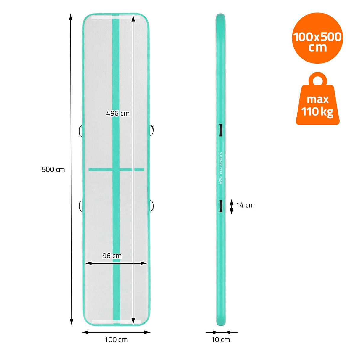 NAFUKOVACÍ gymnastická podložka Airtrack 500 x 100 x 10 cm, mintově zelená - zelená barva, plast (100/500cm) - ECD-Germany