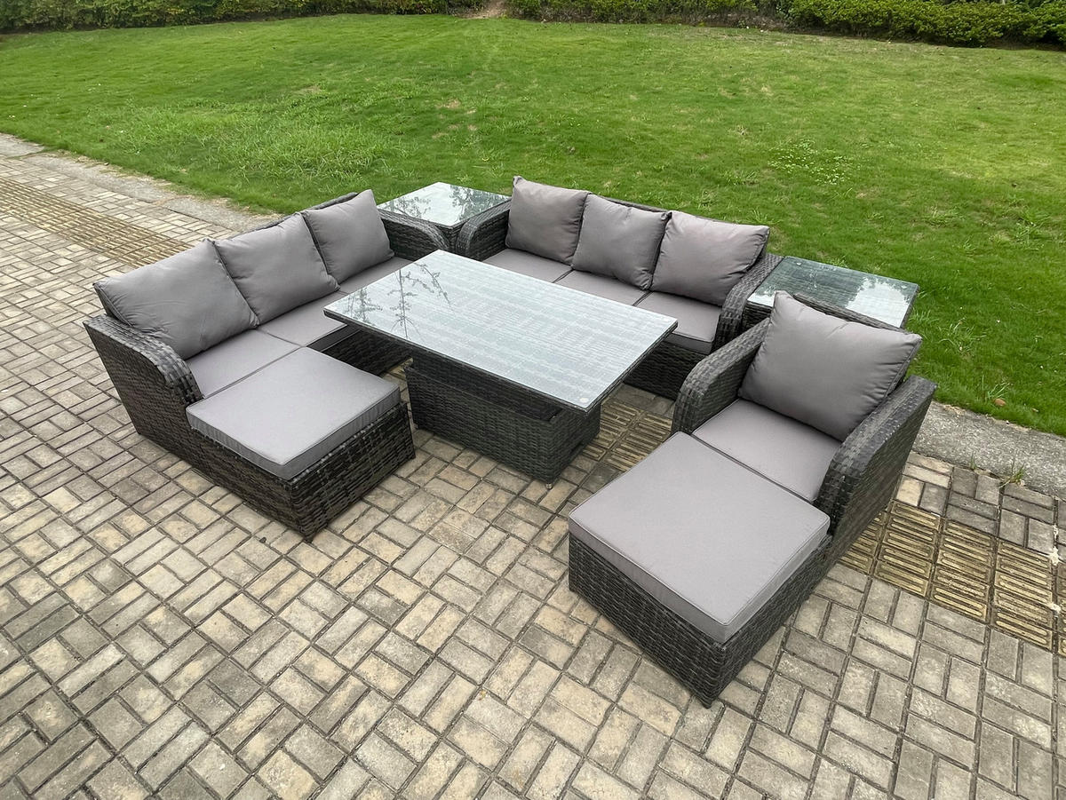 GARTENMÖBELSET mit 2 Hockern Höhenverstellbarer Esstisch 9-Sitzer Grau - Dunkelgrau/Grau, Glas/Kunststoff - Fimous