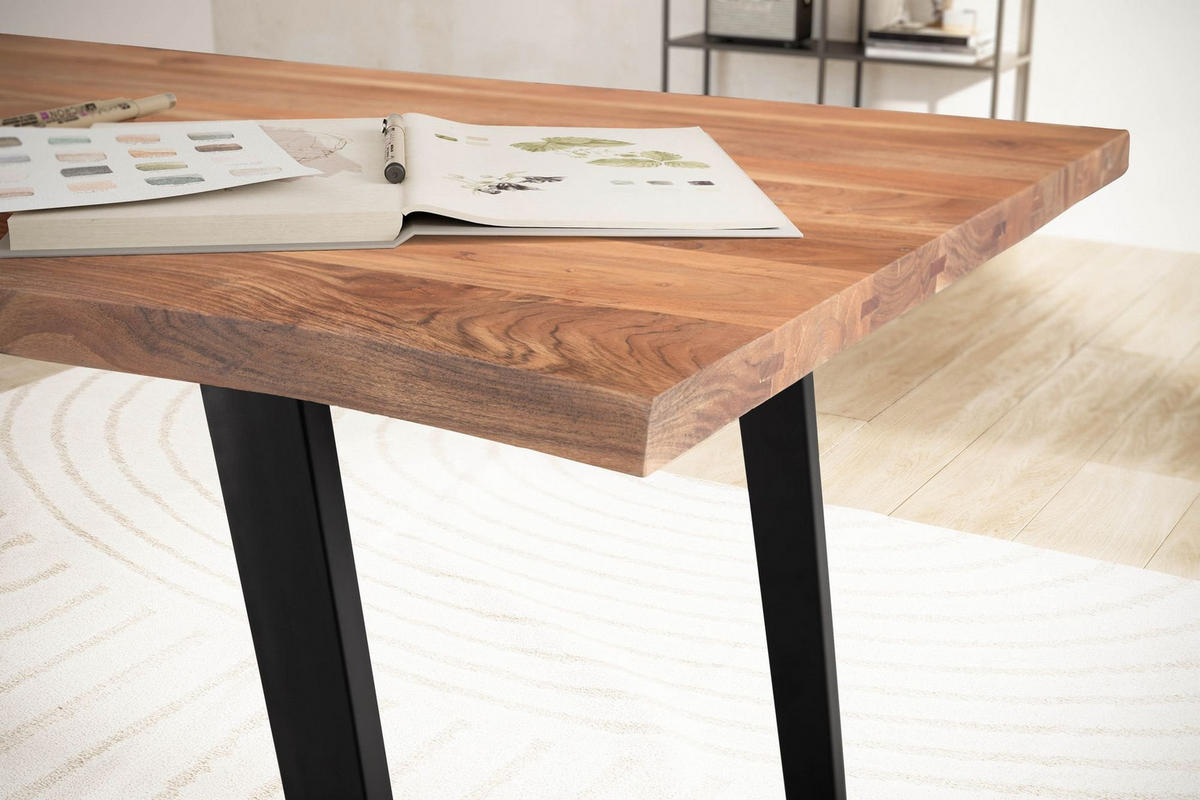 SCHREIBTISCH Massivholz Baumkante U-Gestell Handarbeit ATOLL, Goldbraun-Schwarz 140x80x76 cm - Schwarz/Braun, Holz/Metall (80/140/76cm) - KADIMA DESIGN