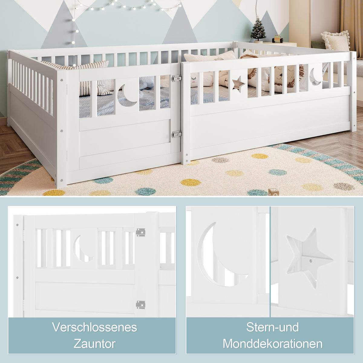 PANELBETT 140x190cm Weiß Kinderbett Gitter Stern-Mond-Dekoration - Weiß, Holz (140/190cm) - FLIEKS