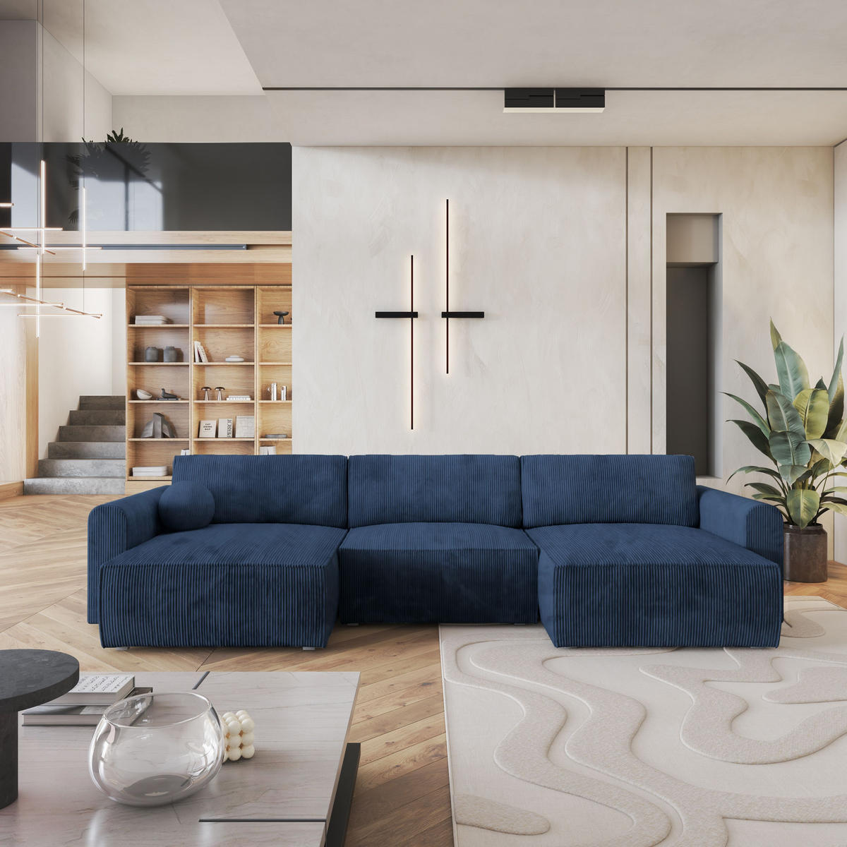 ROHOVÁ SEDAČKA FENTO modrá - šedá/modrá, dřevo/textil (347/148cm) - MASSENO