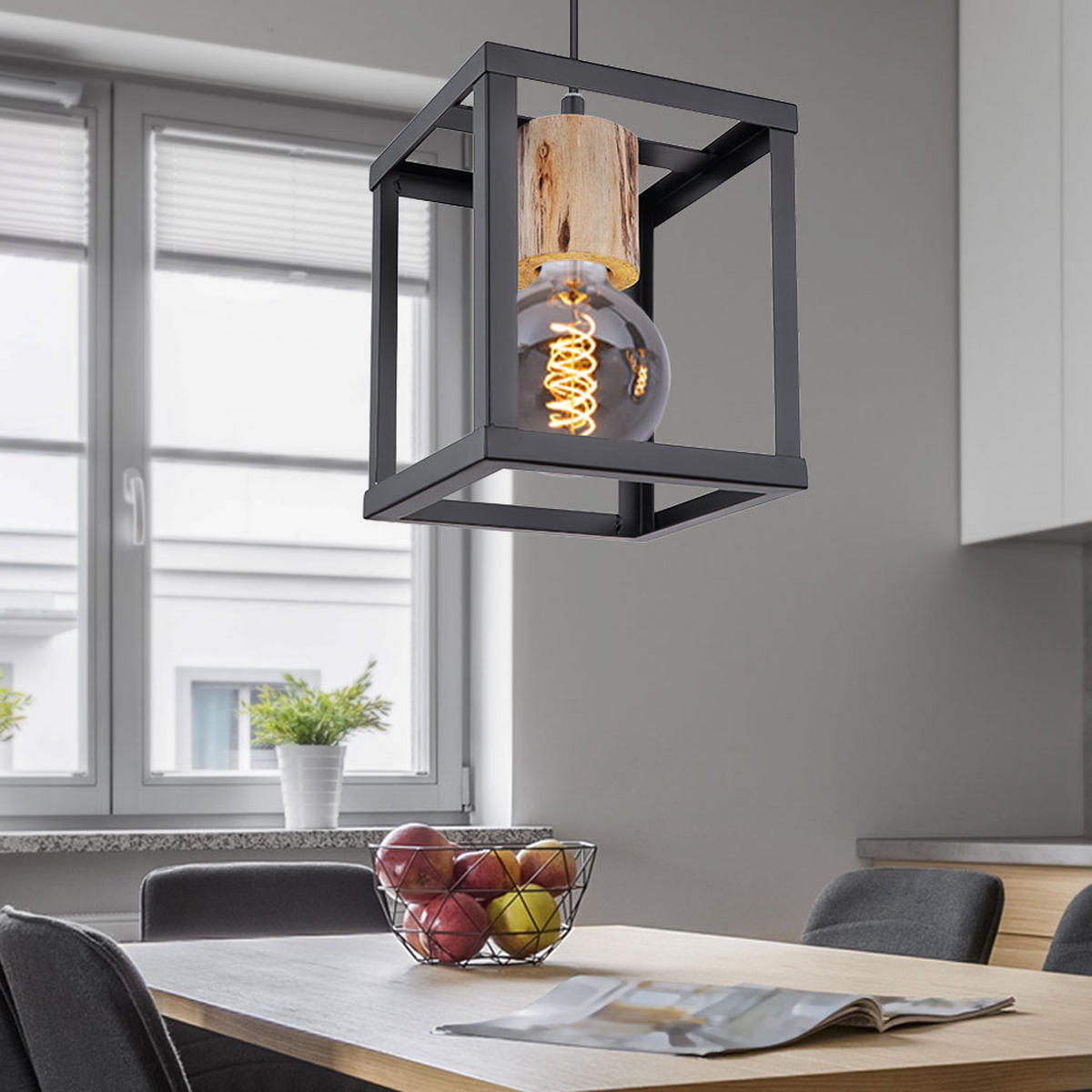 HÄNGELEUCHTE Metall Schwarz Industrial - Schwarz, Holz (17/17/120cm)