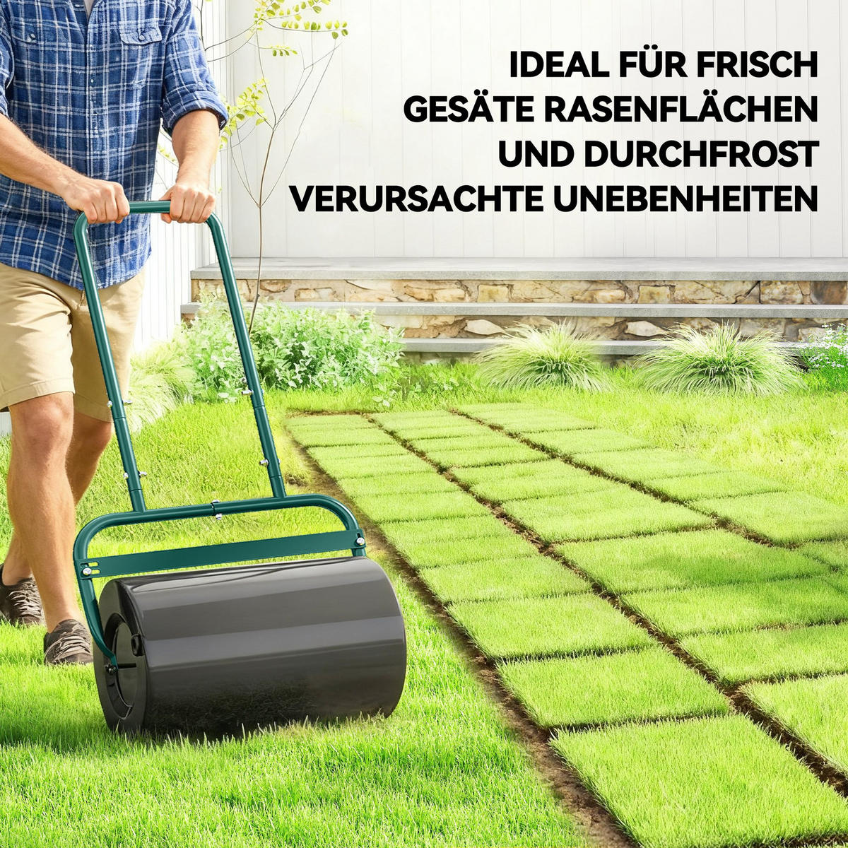 RASENWALZE Gartenwalze befüllbar mit Wasser oder Sand, 50cm Breite Handwalze - Dunkelgrün, Metall (32.5/113/58cm) - Outsunny