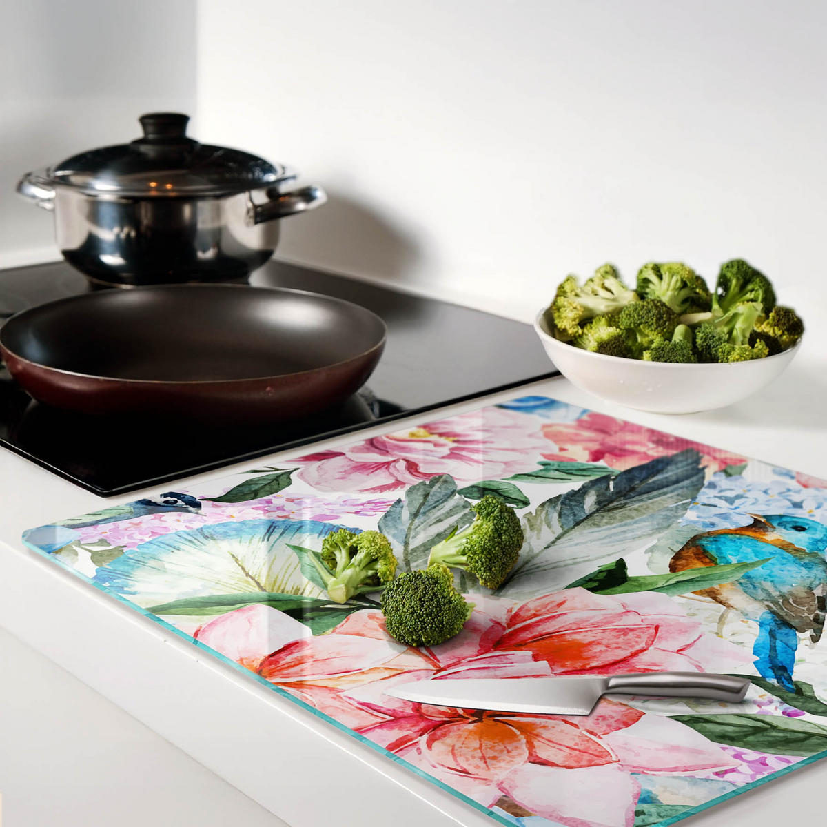 GLASPLATTE 60x52 cm Blumen und Vögel - Schwarz, Glas (60/0.4/52cm) - TULUP