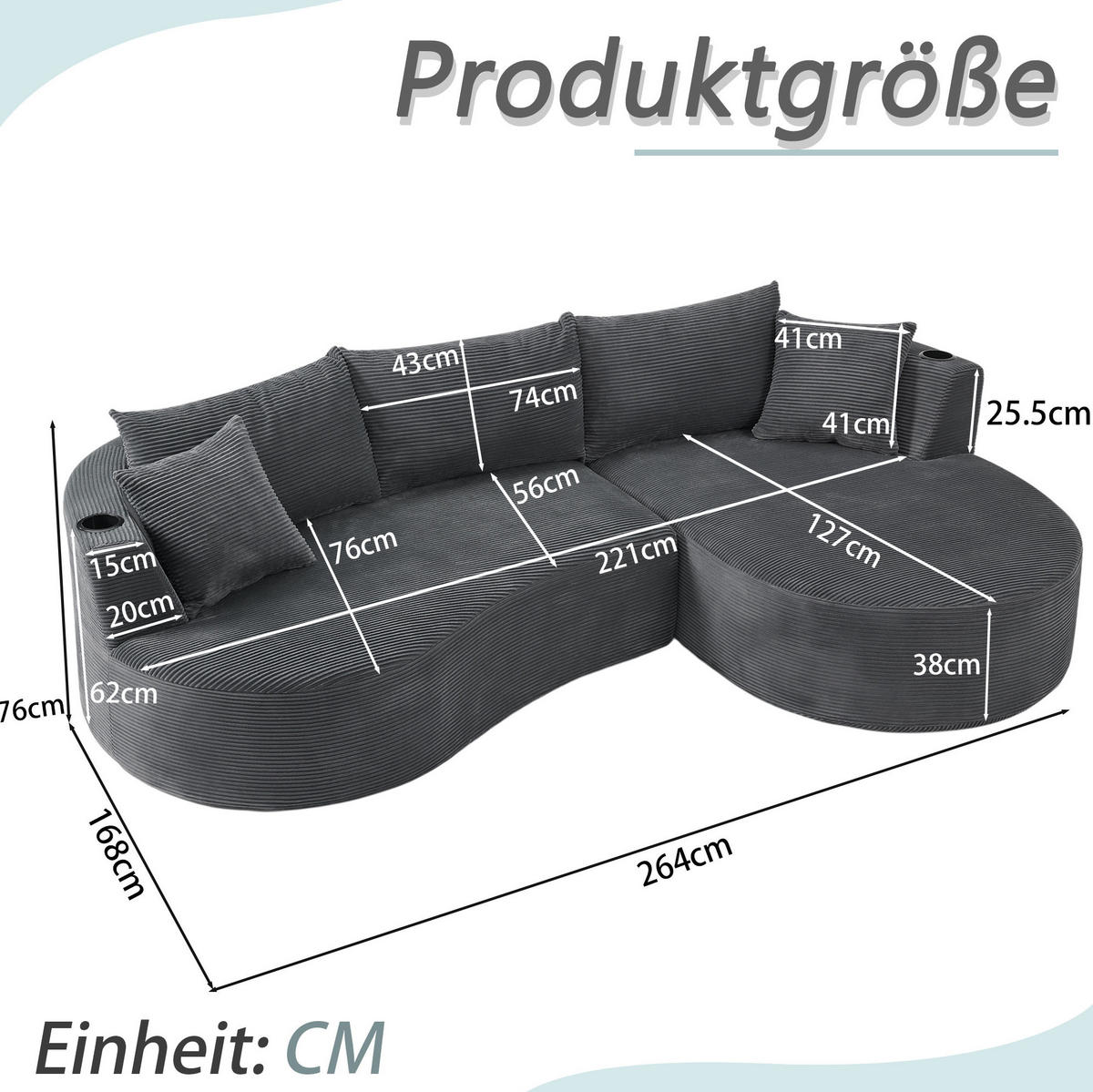 SOFA 3-Sitzer mit Getränkehaltern Kordstoff Gray - Grau, Textil (168/264.1cm) - Meubliv