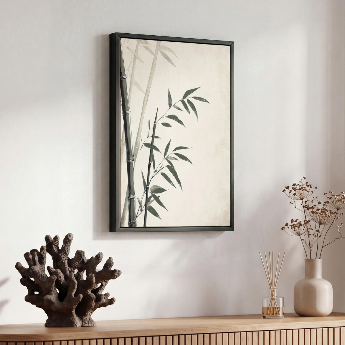 LEINWAND Bilder mit Rahmen - Japandi - Bambus - Beige - 30x40 - Eukalyptusholzfarben, Textil (30/40cm) - MuchoWow