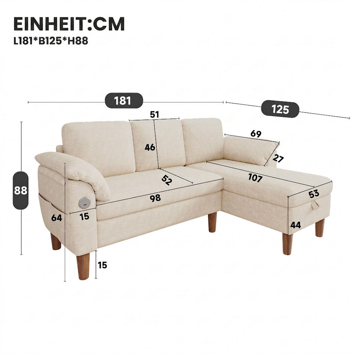 ECKSOFA 181/125/88 cm Beige mit Stauraum-Chaiselongue und USB/Type-C-Ladeanschluss - Beige, Textil (181/125cm) - Oxeza