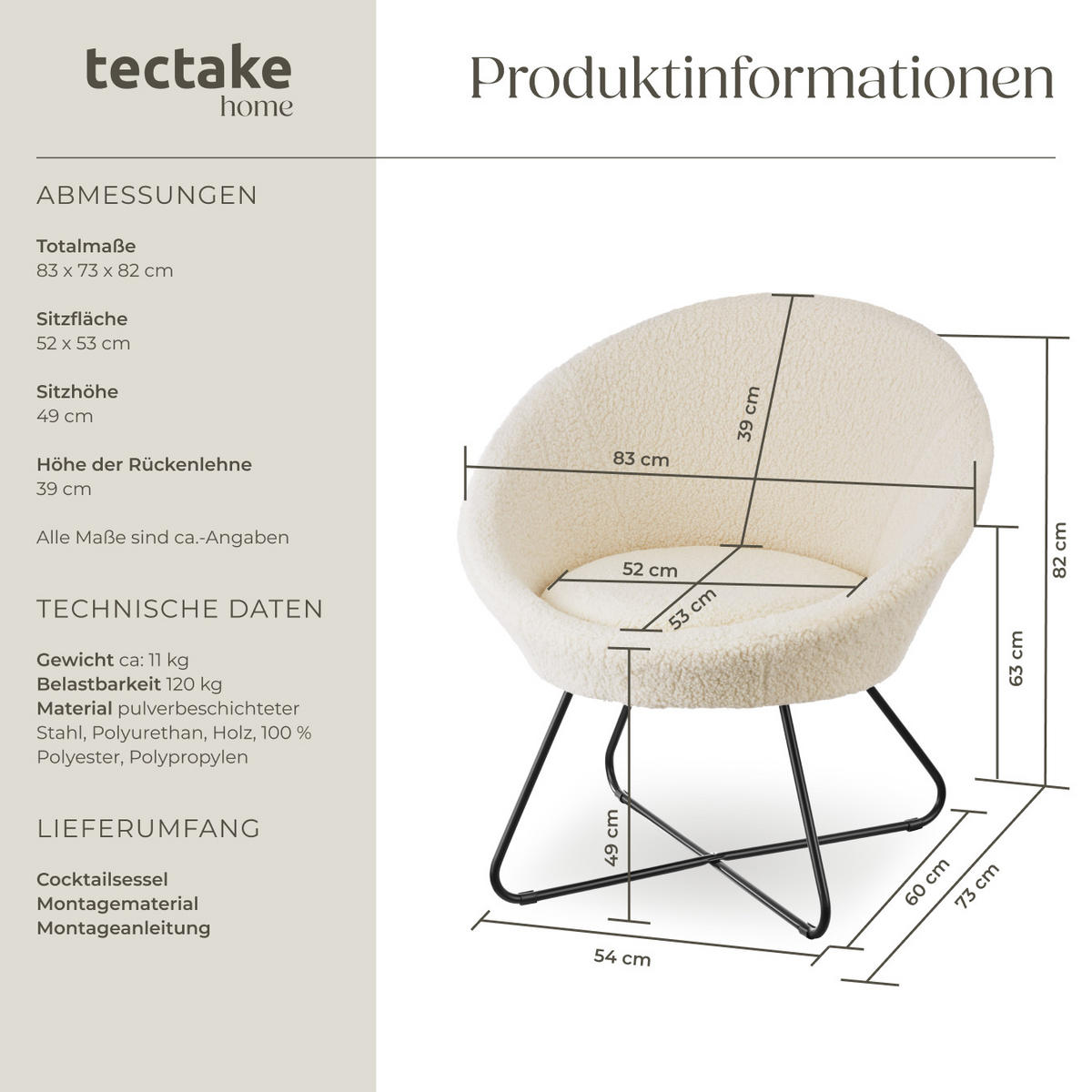 COCKTAILSESSEL Centera,83 x 73 x 82 cm,Bouclé off-white - Weiß, Metall (83/82/73cm) - tectake
