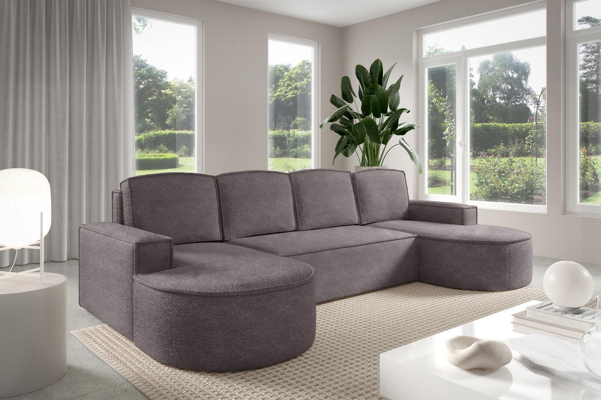 ECKSOFA MOLLY U Freistehendes, mit Schlaffunktion, 140x273cm, Bettkasten und Abnehmbaren Kissen 316x157x88cm, Abriamo Stoff, Grau Seide - Grau, Holz/Textil (316/157cm) - DomoHome