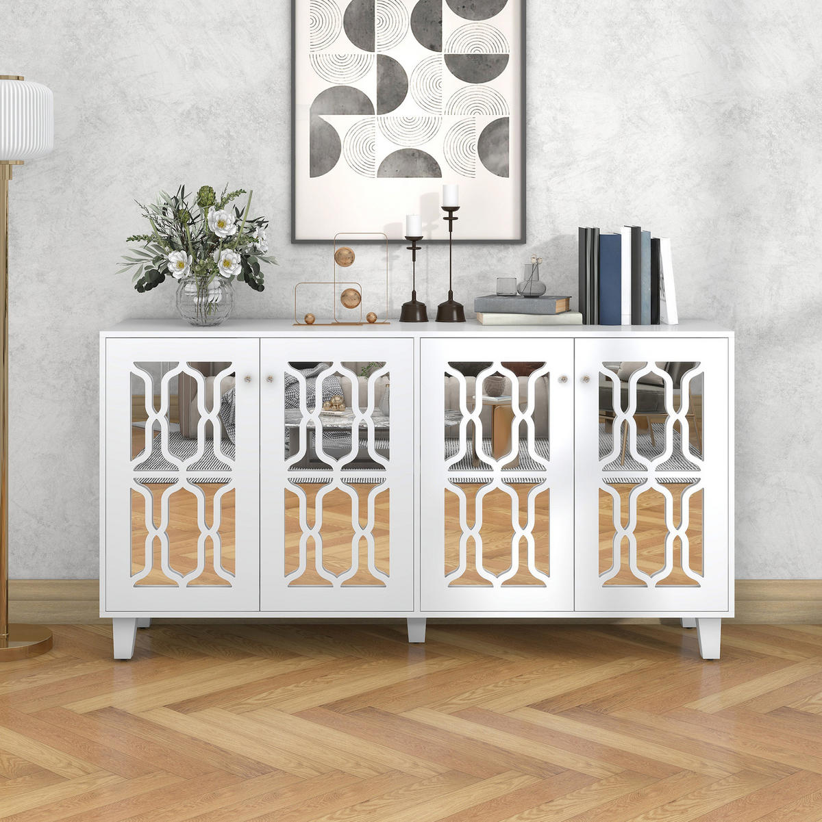 KREDENCA z zrcalno površino, 4 vrata, 160/40/84 cm - bela, leseni material (40/84/160cm) - OKMYHOME