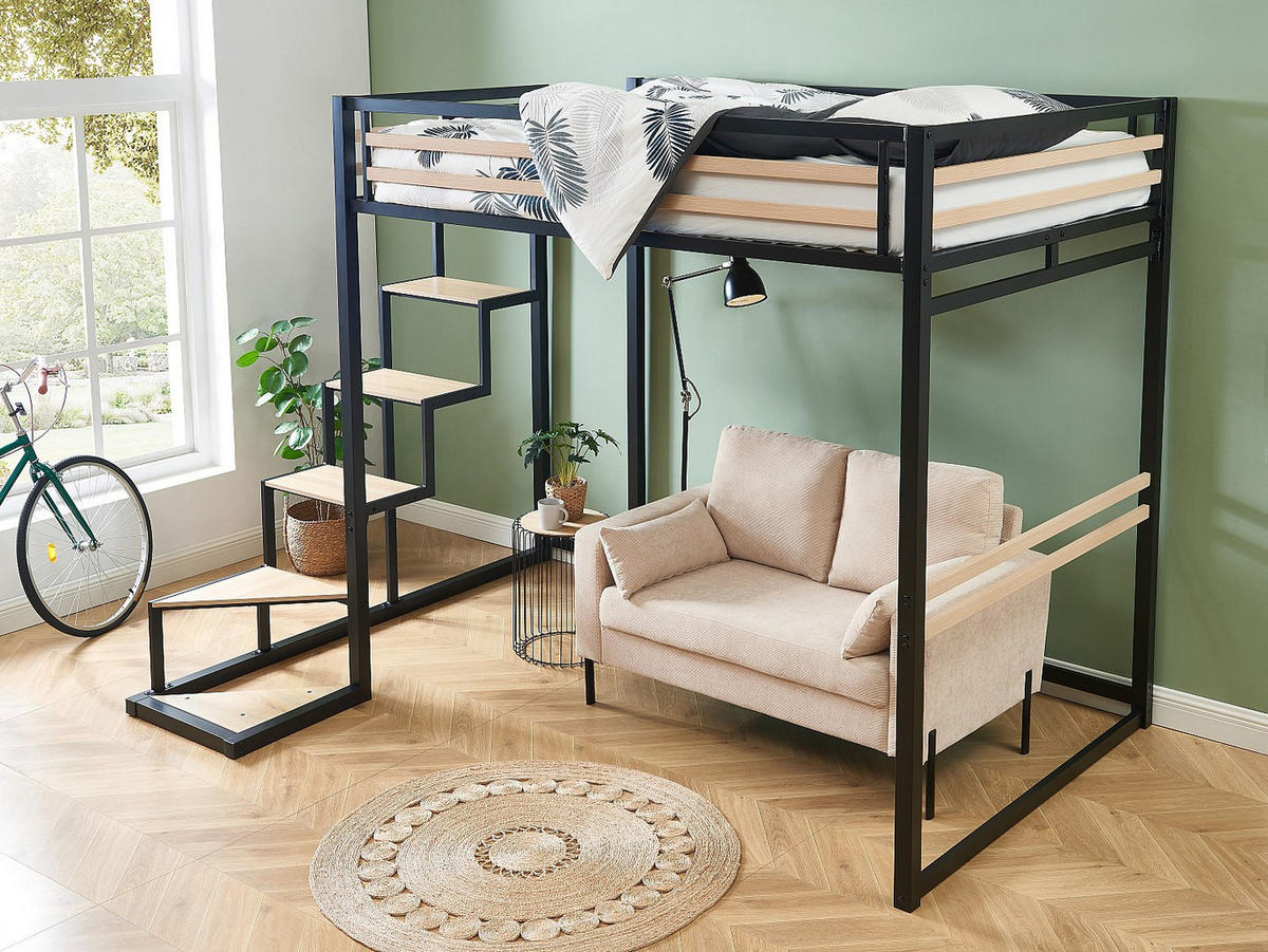 HOCHBETT mit Matratze - 140 x 200 cm - Metall & MDF - Naturfarben & Schwarz - JOGUI - Schwarz/Naturfarben, Metall - Vente-Unique