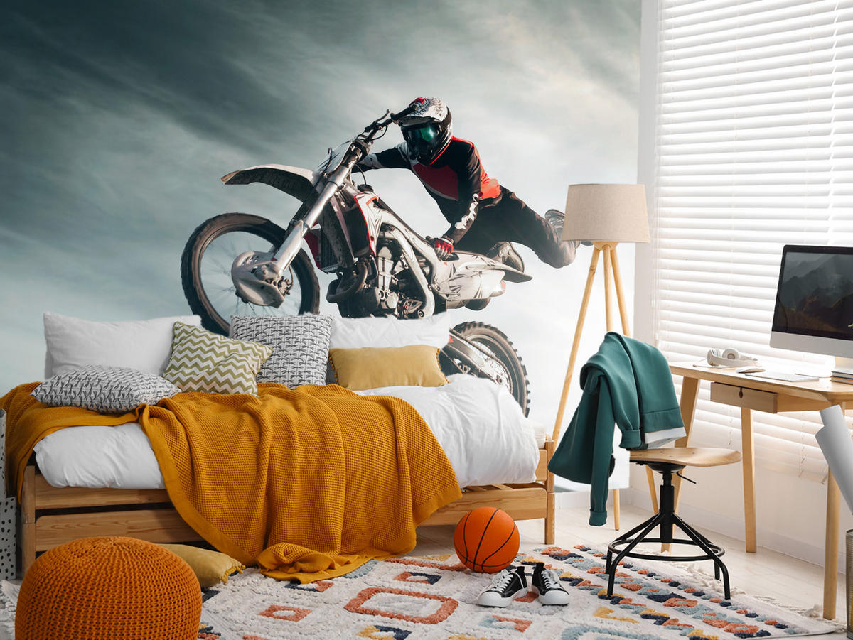 FOTOTAPETE für Jugendzimmer Motocross Sprung Mann Sport Berge Action 100x70 - Grau, Papier (100/70cm) - Muralo