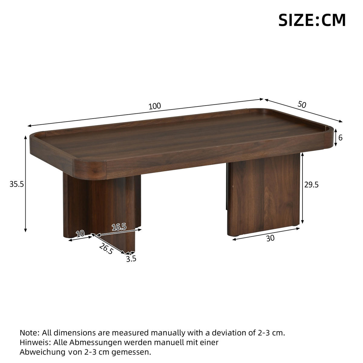 COUCHTISCH 100x50x35,5cm Walnuss-Optik Abgerundete Ecken Retro-Stil - Braun, Holz (111/55.5/14.5cm) - Raelunyi